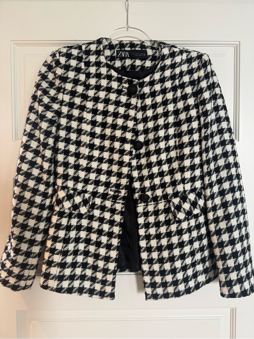 Zara Black and White Houndstooth Tweed Blazer